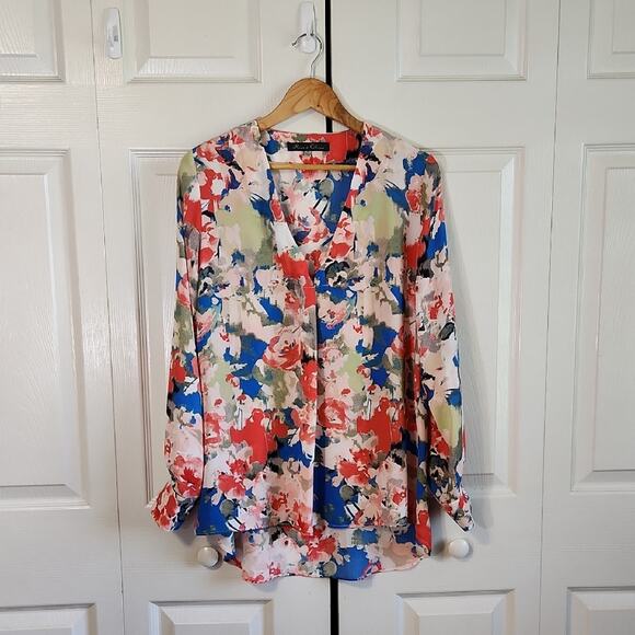Rose & Olive Multi-Colored Blouse Size Med Floral Water Color Hi-Low Office - Picture 1 of 10
